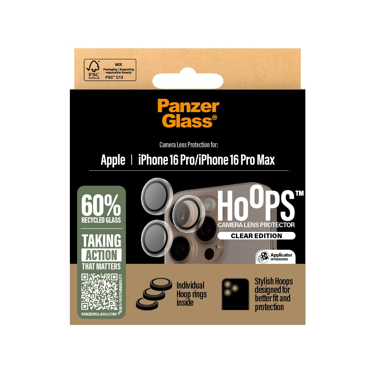 PanzerGlass® Hoops® Kameralinsebeskytter Transparent iPhone 16 Pro | 16 Pro Max